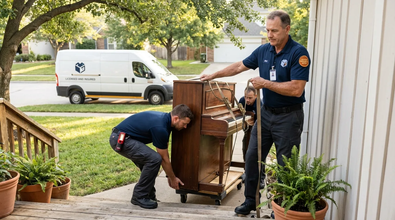 Licensed piano movers securing grand piano in Port Monmouth, NJ