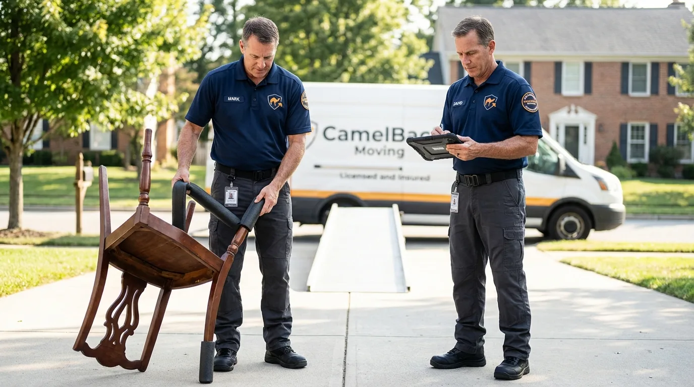 Movers inspecting furniture for damage prevention before loading in Port Monmouth, NJ