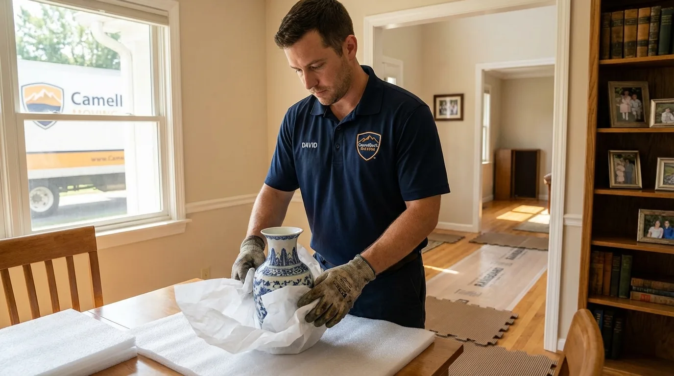 Professional crew carefully wrapping antique vase for senior downsizing move in Port Monmouth, NJ
